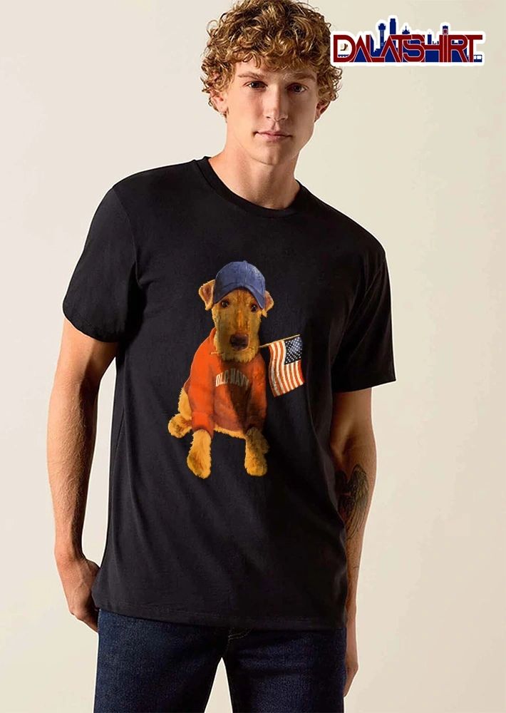 Old Navy Terrier Dog Wearing Baseball Cap Sweatshirt Holding American Flag shirt