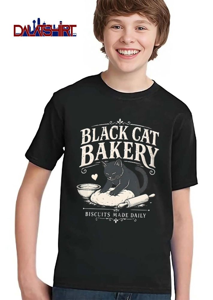 Black Cat Bakery Biscuits Made Daily Kneading Bread Dough Bowl Rolling Pin Vintage shirt