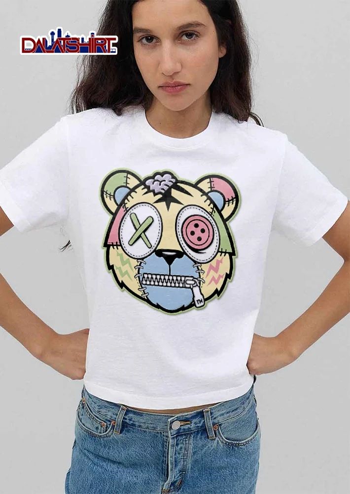 Tm Cartoon Patchwork Zombie Bear Head Zipper Mouth Button Eye shirt