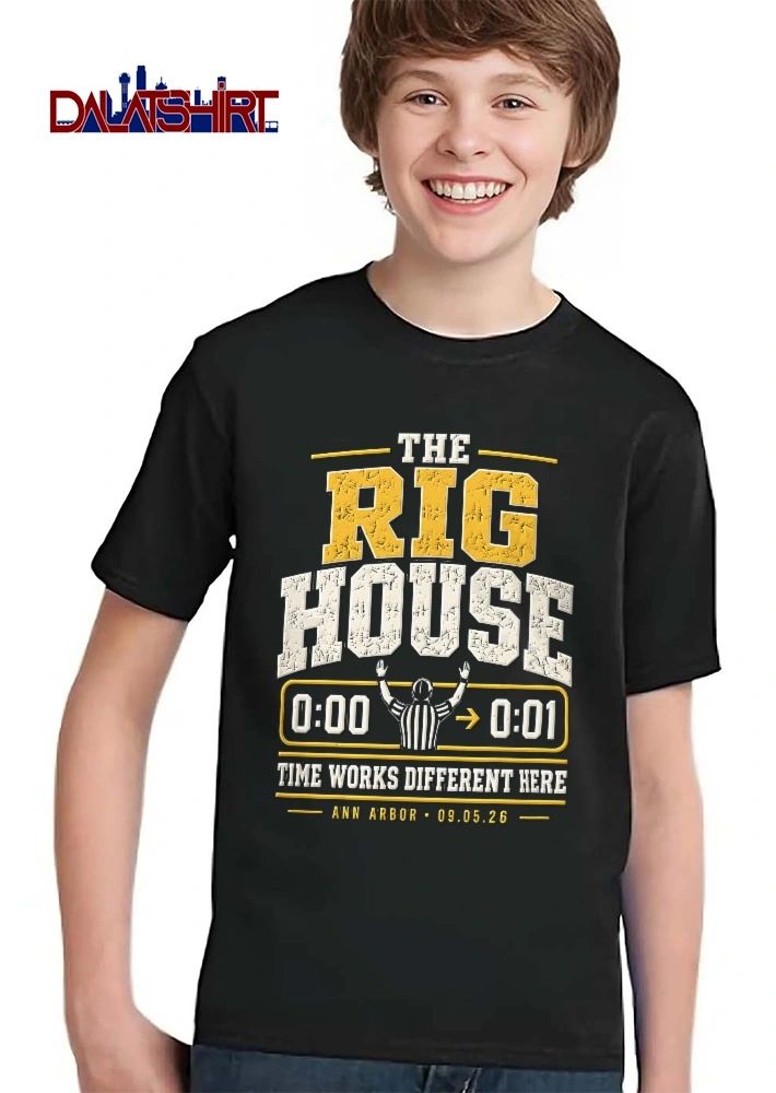 The Rig House Time Works Different Here Ann Arbor Football Referee Raising Arms Scoreboard Distressed shirt