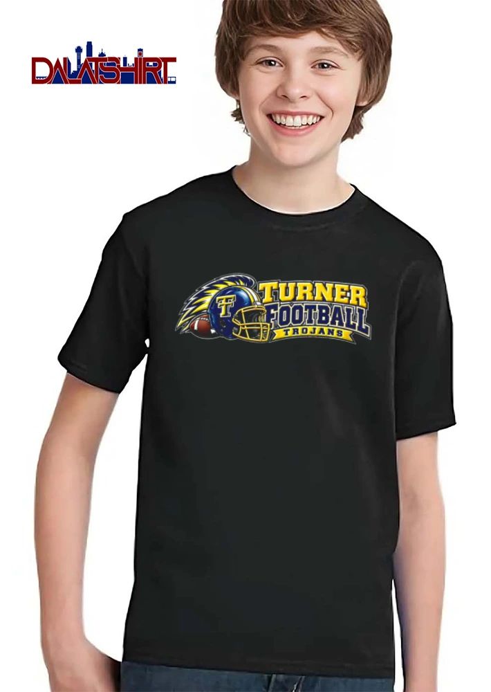 Turner Football Trojans Gold Navy Blue Helmet Crest Plume shirt