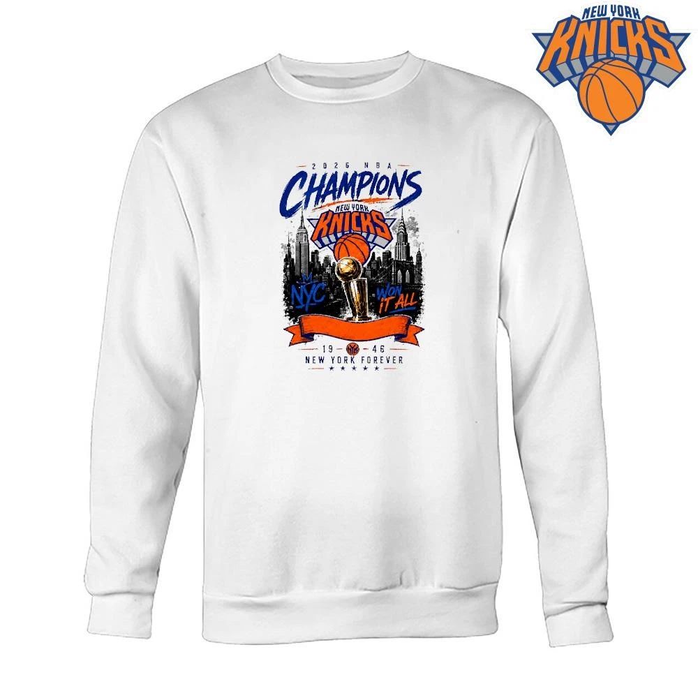 New York Knicks Champions NBA 2026 Won It All Skyline Trophy Banner Vintage Shirt