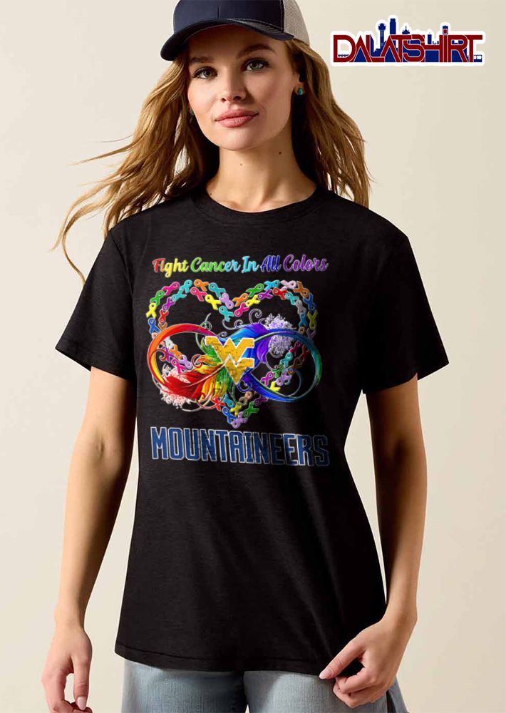West Virginia Mountaineers NCAA Fight Cancer In All Colors Ribbon Heart Rainbow Feather Infinity Symbol shirt