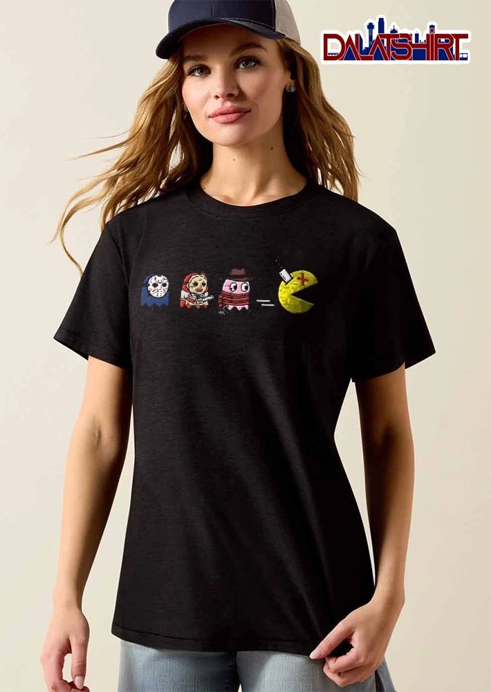 Horror Movie Ghost Villains Chasing Stabbed Pac Man Cartoon shirt