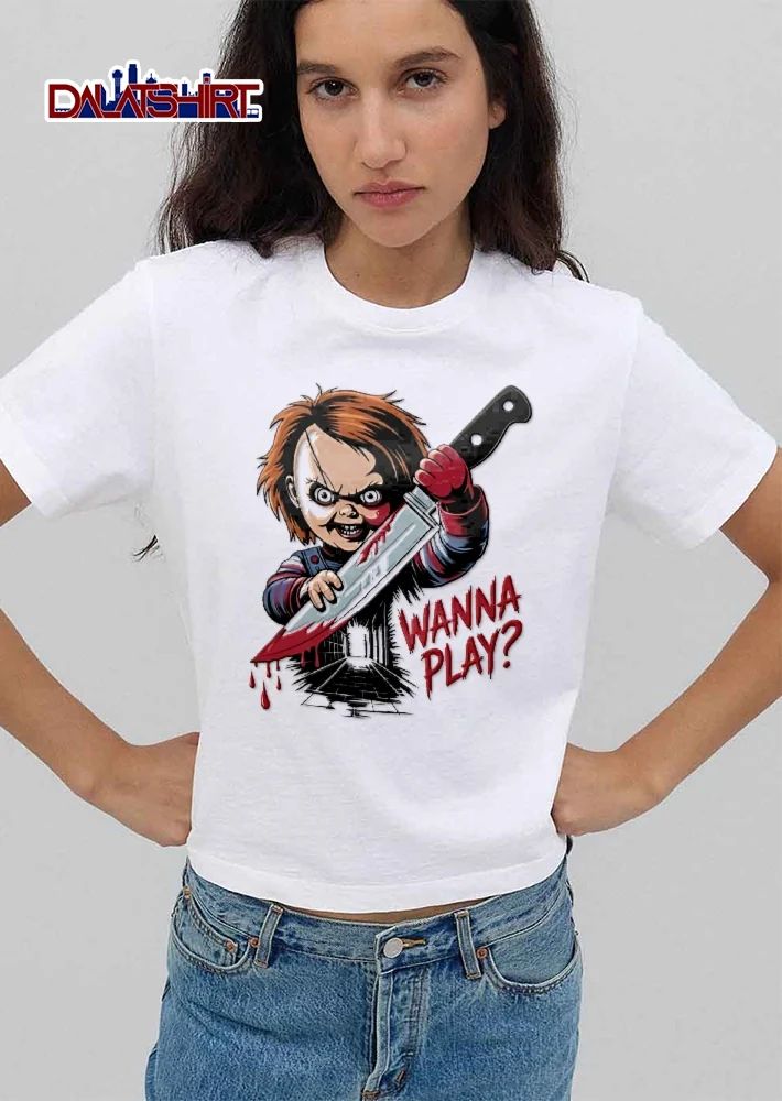Wanna Play Scary Evil Doll Holding Bloody Knife Alleyway shirt