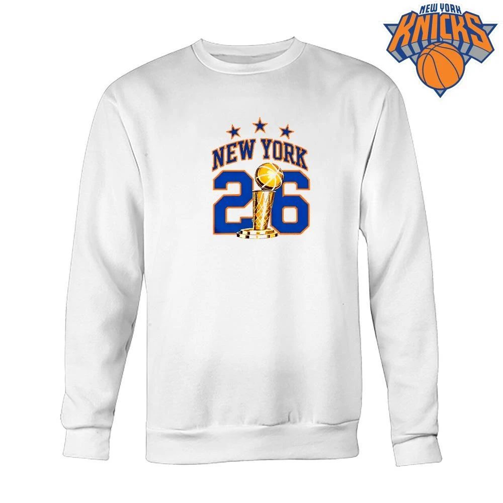 New York Knicks Champions NBA 2026 Larry O Brien Trophy White Shirt