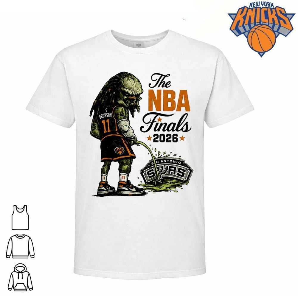 Jalen Brunson New York Knicks Predator Peeing On San Antonio Spurs Logo Parody Funny Graphic NBA Finals 2026 Shirt