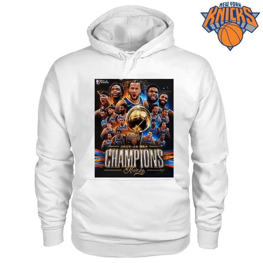 New York Knicks Champions NBA 2026 Roster Players Team Graphic Trophy White Shirt