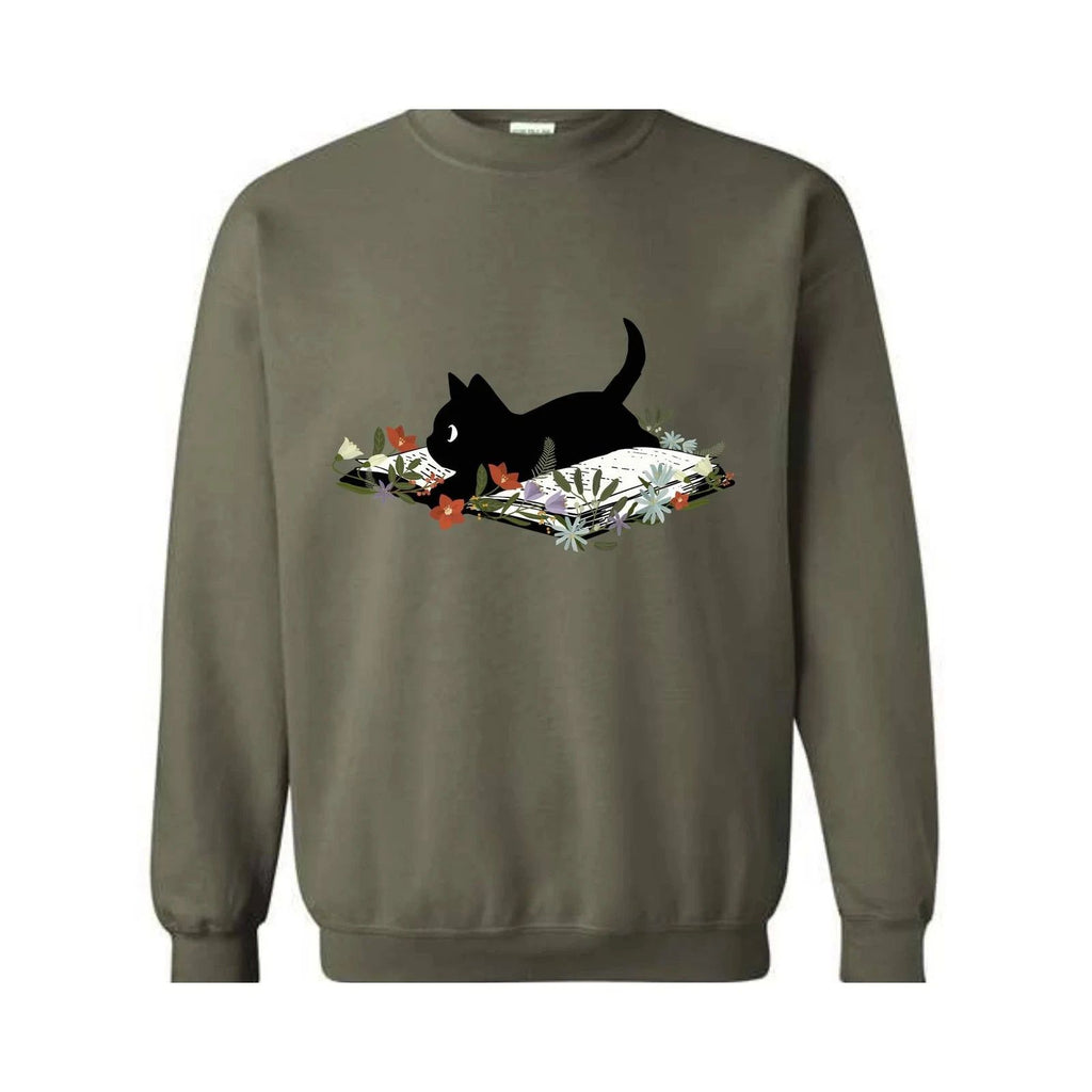Cute Book Cat Sweatshirt, Floral Cat Bookish Sweatshirt, Gift For Cat Lovers, Ca