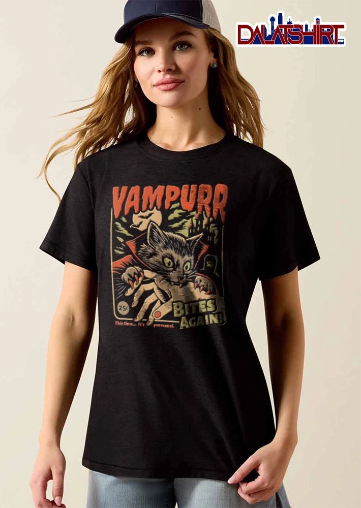 Vampurr Bites Again 25c This Time Its Purrsonal Vintage Cartoon Vampire Cat Biting Hand shirt