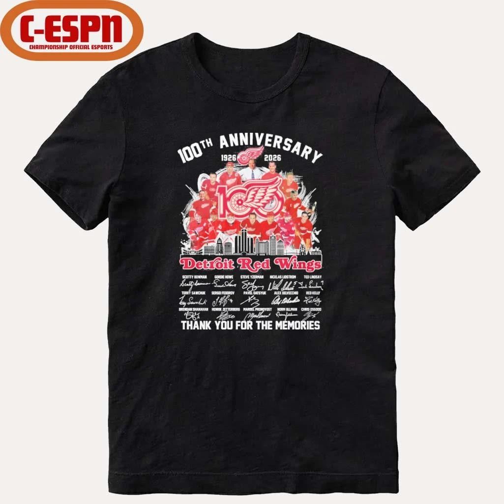 100th Anniversary 1926-2026 Detroit Red Wings Team Hockey Signatures Shirt