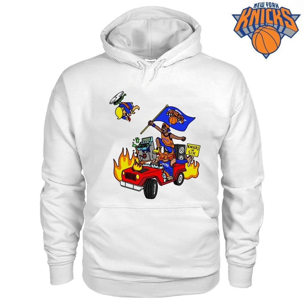 New York Knicks In Six Car Driving Fire Helicopter Cartoon Fan Graphic NBA Finals 2026 Shirt