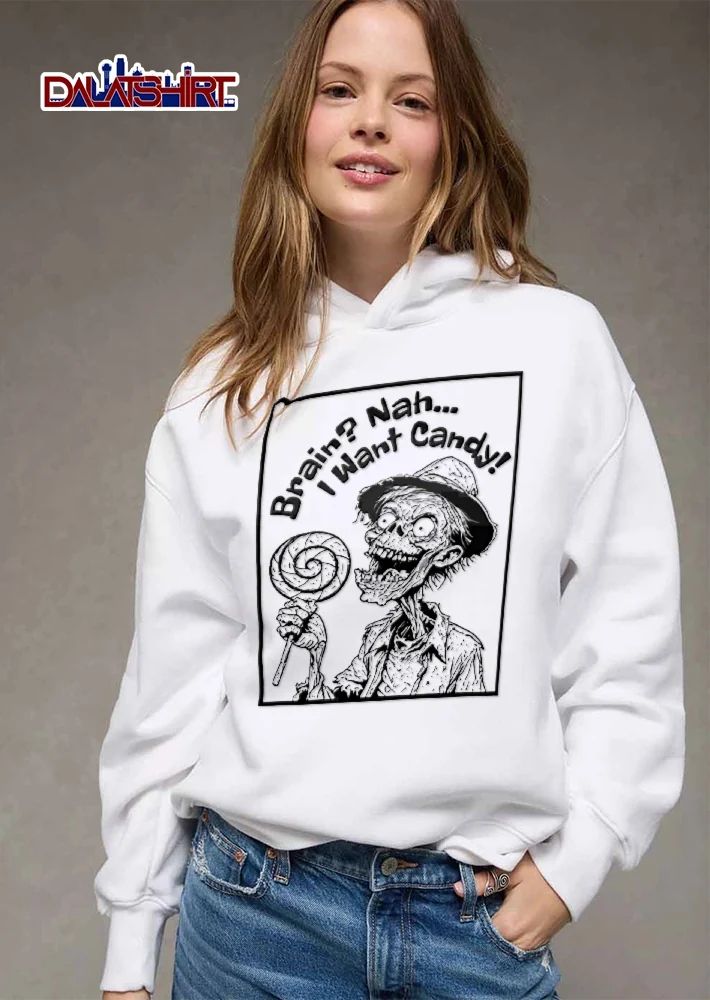 Brain Nah I Want Candy Zombie Holding Spiral Lollipop Line Art shirt