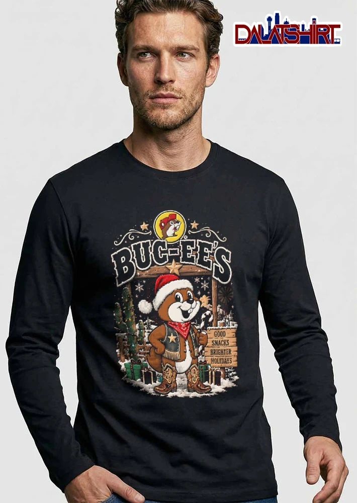Bucees Good Snacks Brighter Holidays Cartoon Christmas Beaver Boots Candy Cane shirt