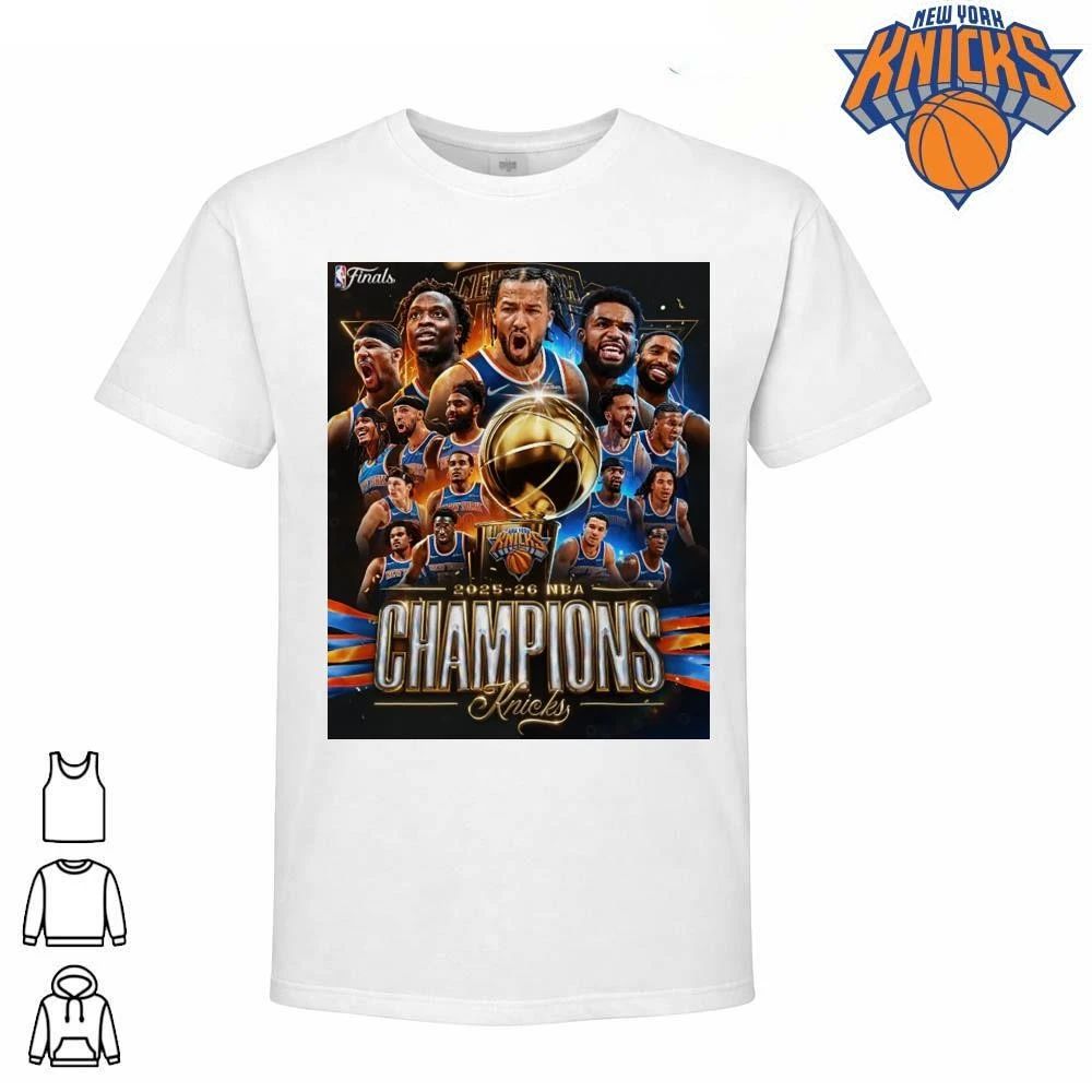 New York Knicks Champions NBA 2026 Roster Players Team Graphic Trophy White Shirt