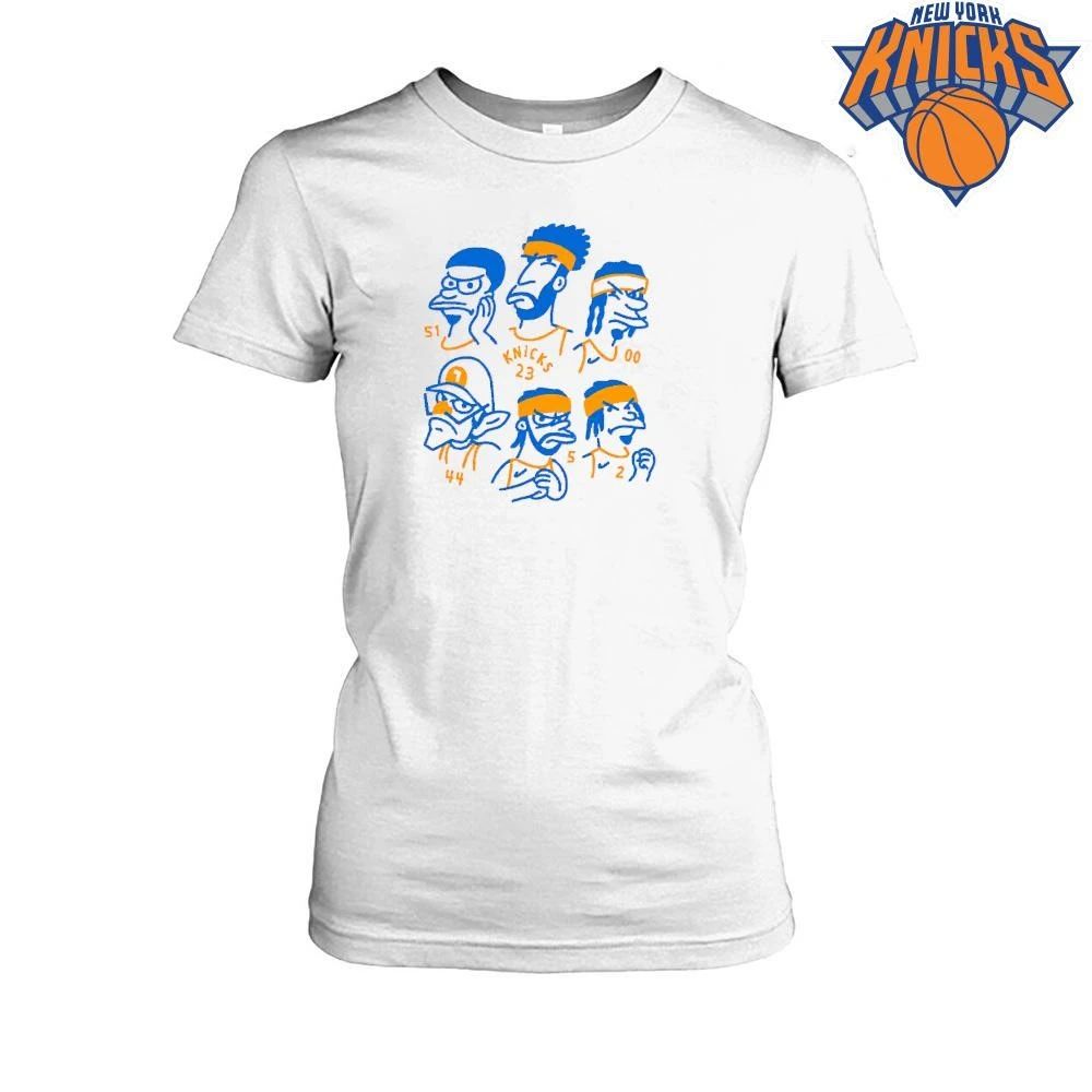 Vintage Cartoon New York Knicks Blue and Orange Roster Caricature Graphic NBA Champs Shirt