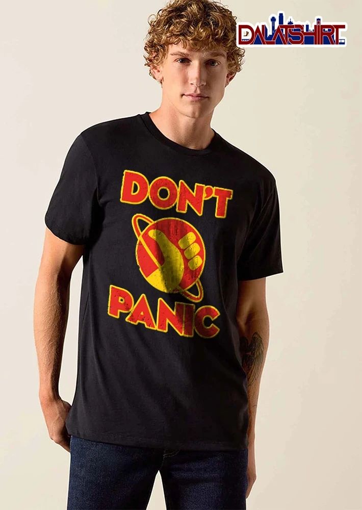 Dont Panic Yellow Hitchhiking Thumb Ringed Planet Distressed Retro Space Logo shirt