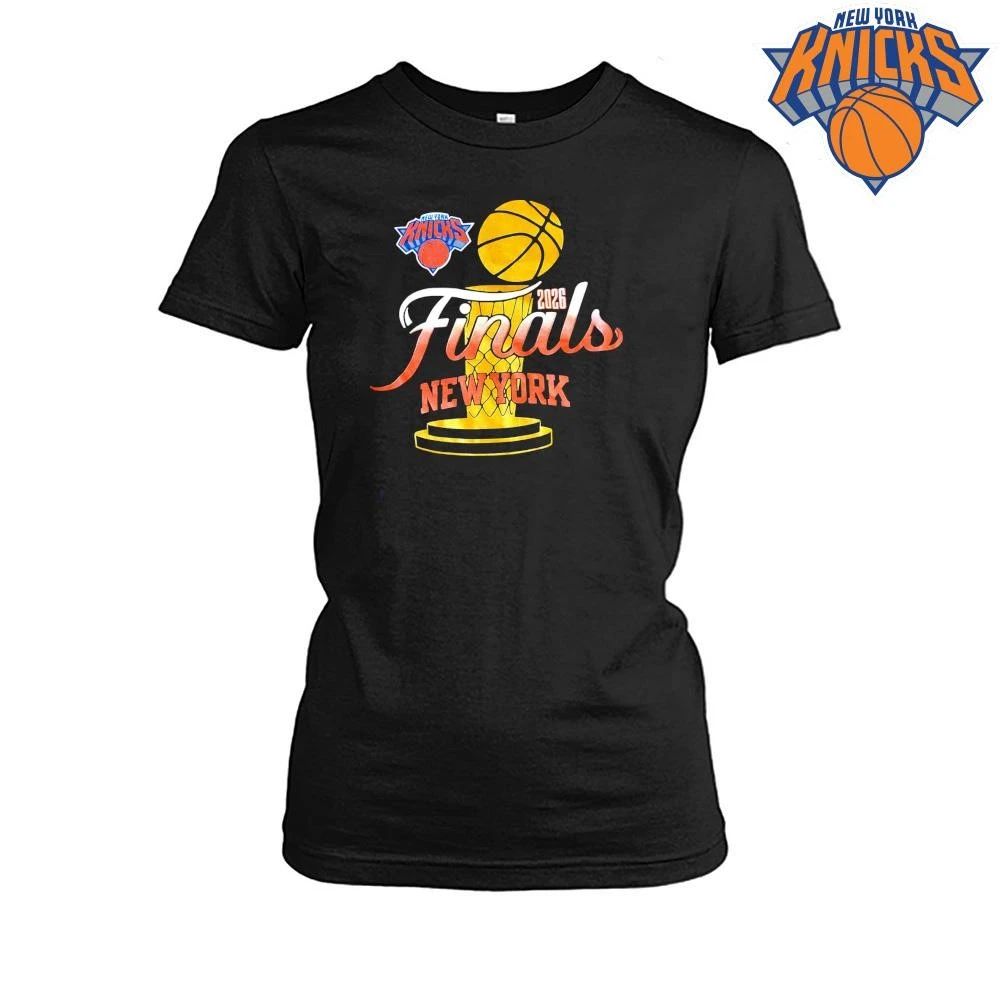 New York Knicks Basket Ball Net Trophy Logo Text Typography Graphic Design NBA Finals 2026 Shirt