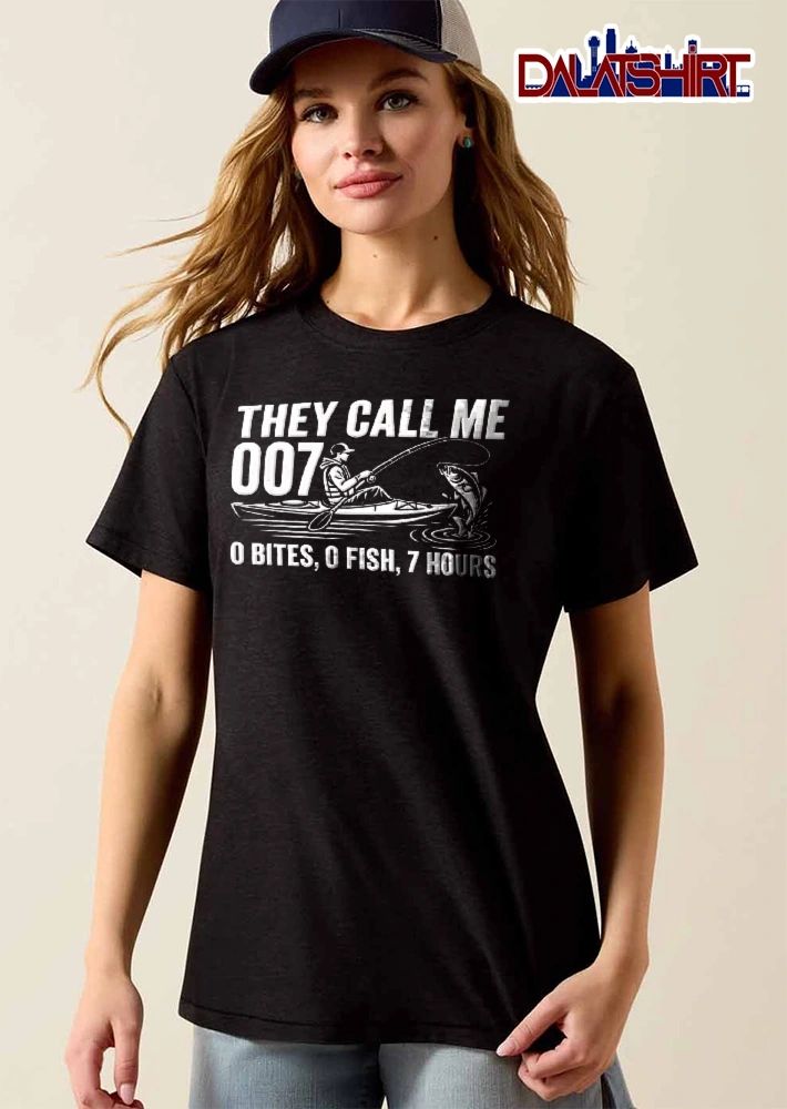 They Call Me 007 0 Bites Fish 7 Hours Kayak Fisherman Catching Water Splash Line Art shirt