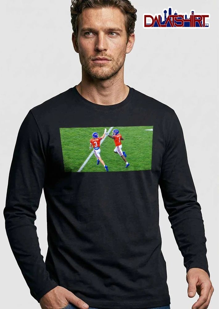 Florida Gators NCAA Stockton Brown Iii Two Football Players High Fiving Action Photo shirt