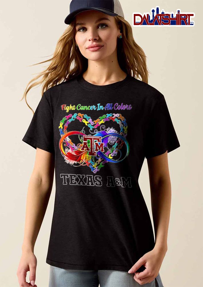 Texas A And M Aggies NCAA Fight Cancer In All Colors Rainbow Infinity Feather Ribbon Heart shirt