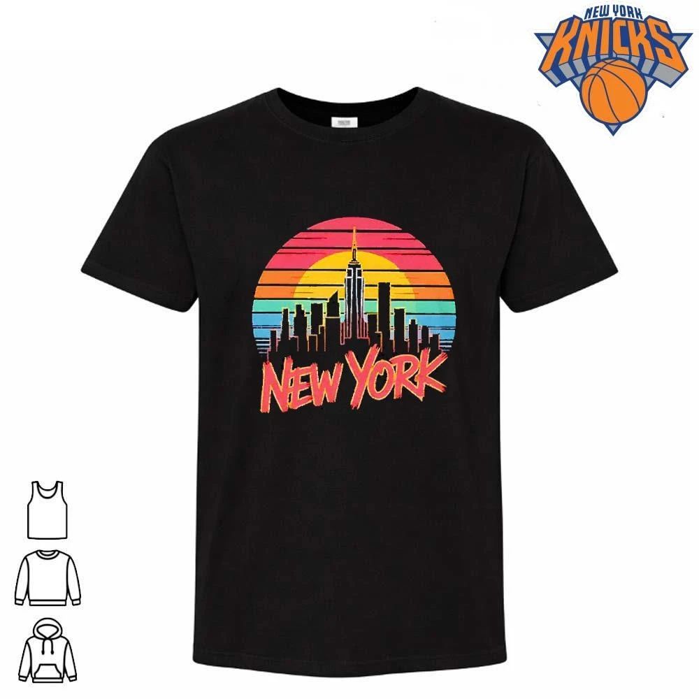 New York skyline city silhouette sunset retro color stripes lettering graphic T Shirt