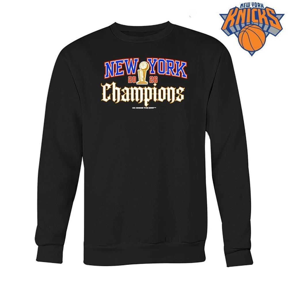 New York Knicks Champions NBA 2026 Classic Black Metallic Font Trophy Shirt