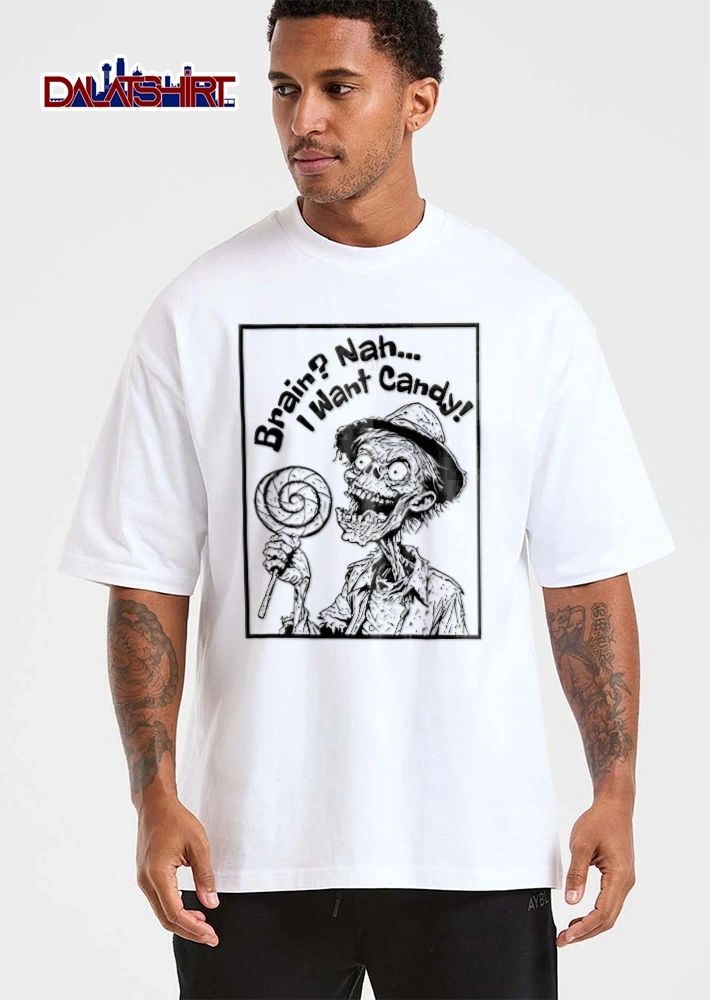 Brain Nah I Want Candy Zombie Holding Spiral Lollipop Line Art shirt