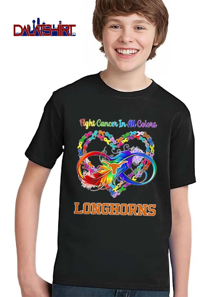 Texas Longhorns NCAA Fight Cancer In All Colors Awareness Ribbon Heart Rainbow Infinity Feather shirt