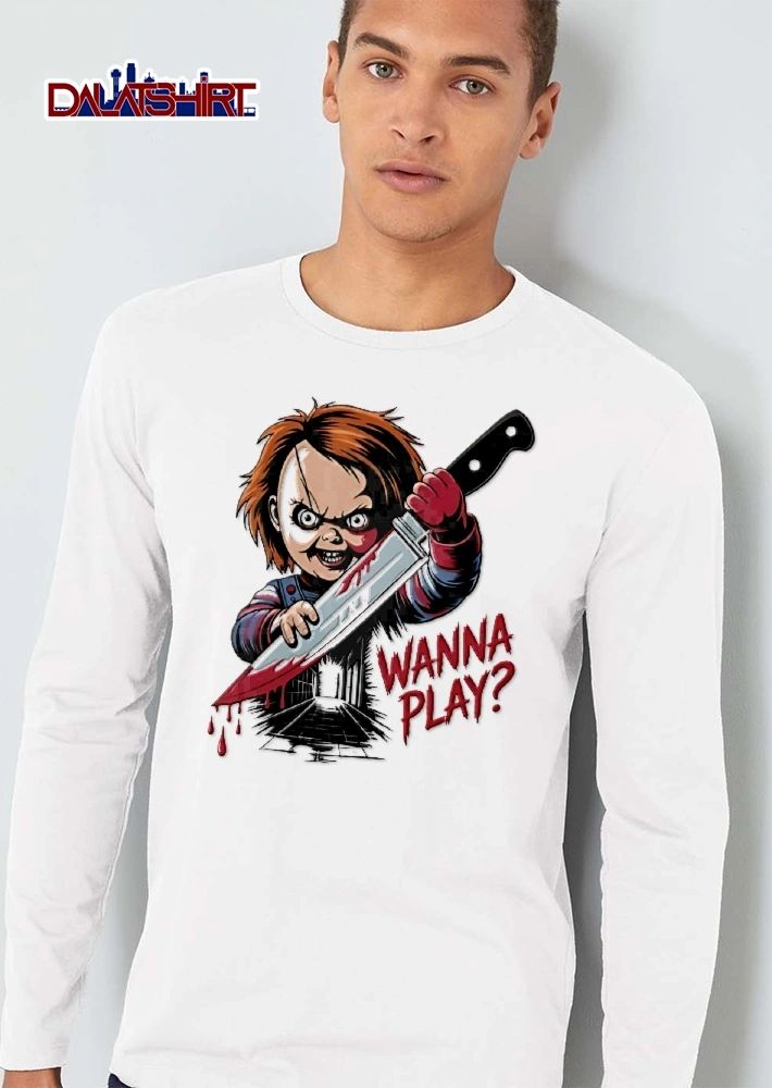 Wanna Play Scary Evil Doll Holding Bloody Knife Alleyway shirt