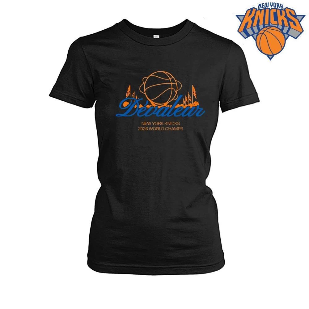 New York Knicks Champions NBA 2026 Devaleur Basketball Script Logo Black Shirt