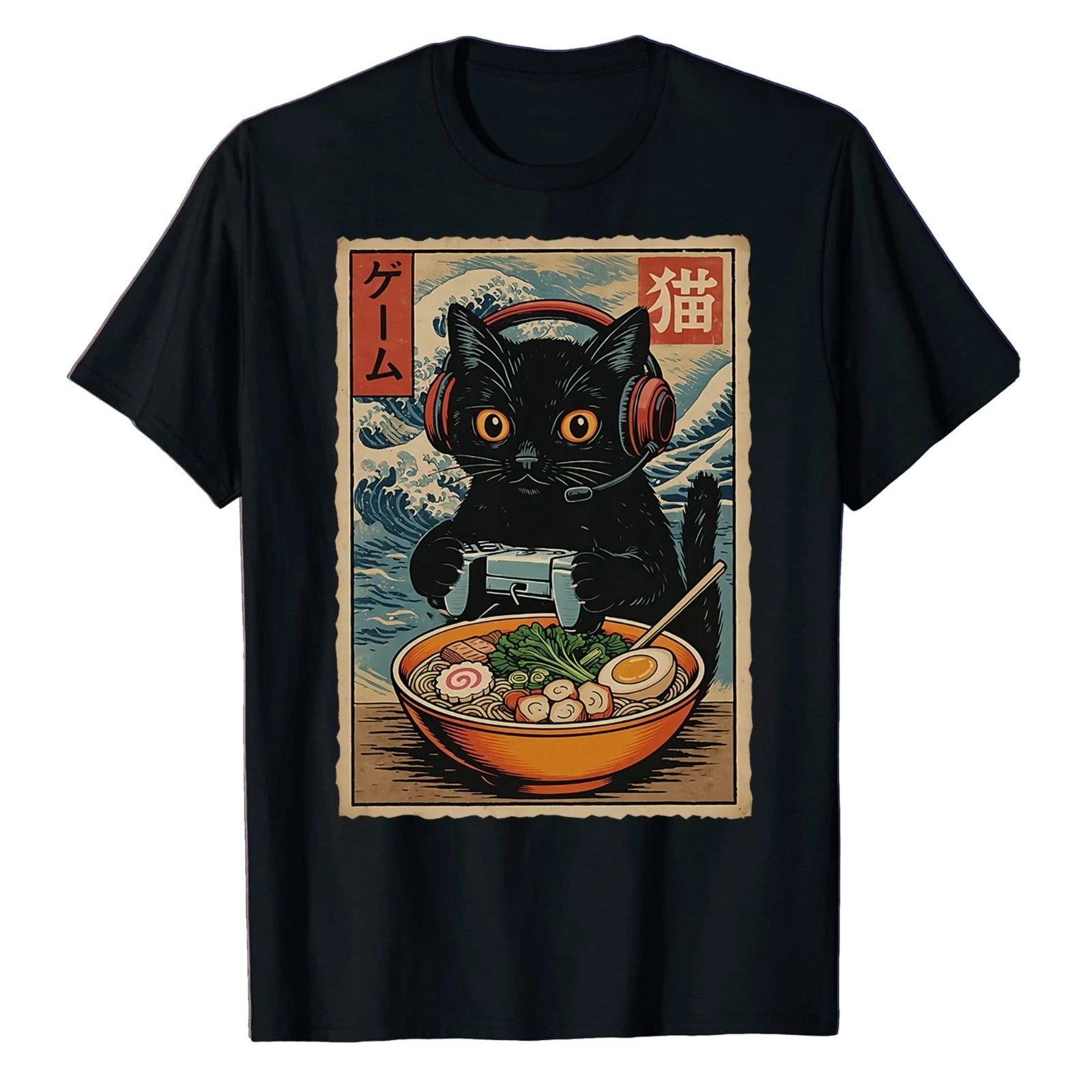 Kawaii Gamer Cat Ramen T-shirt Retro Japanese Cute Cat Lovers Gaming Funny Tee