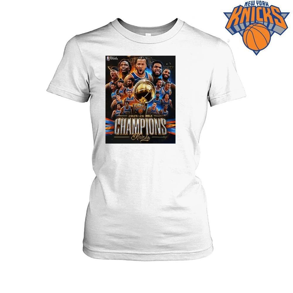New York Knicks Champions NBA 2026 Roster Players Team Graphic Trophy White Shirt