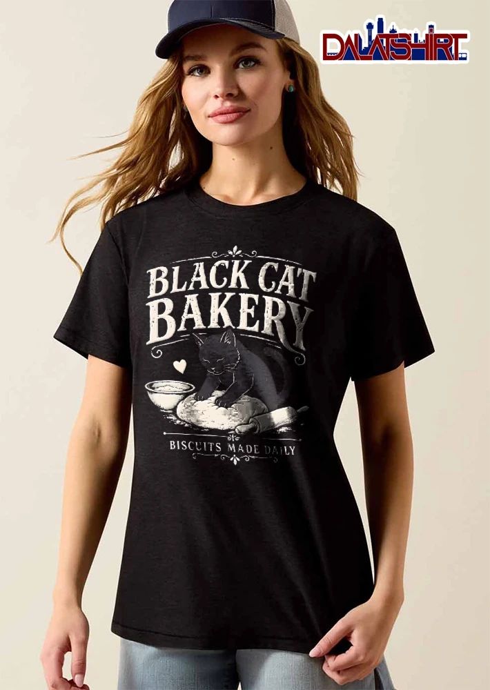 Black Cat Bakery Biscuits Made Daily Kneading Bread Dough Bowl Rolling Pin Vintage shirt