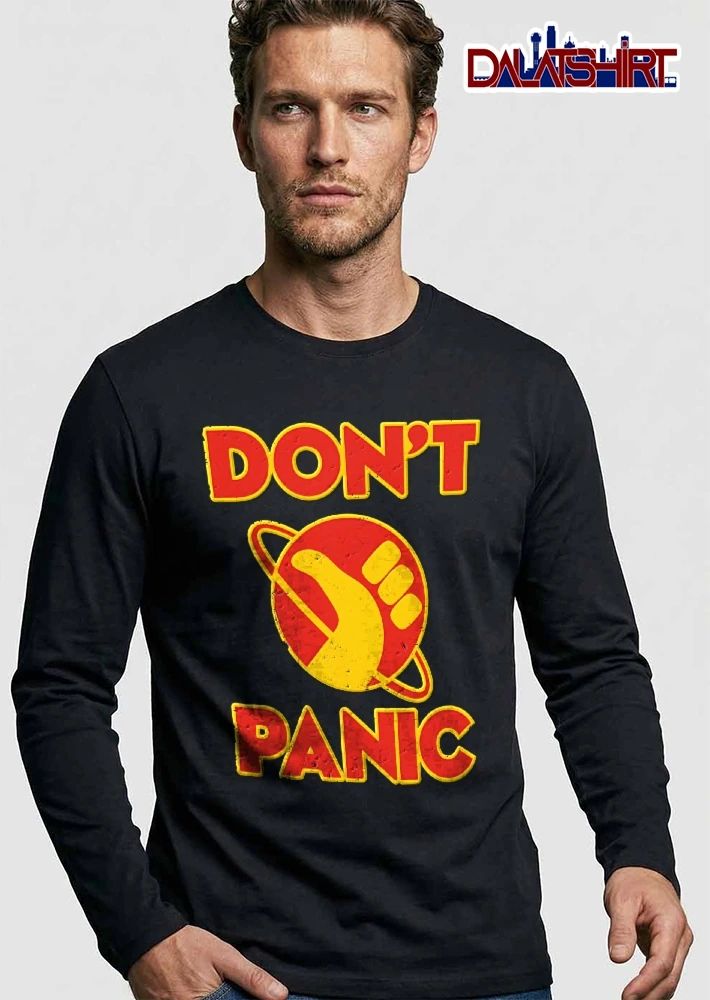 Dont Panic Yellow Hitchhiking Thumb Ringed Planet Distressed Retro Space Logo shirt