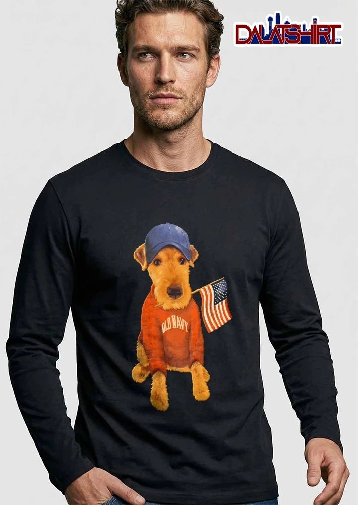 Old Navy Terrier Dog Wearing Baseball Cap Sweatshirt Holding American Flag shirt