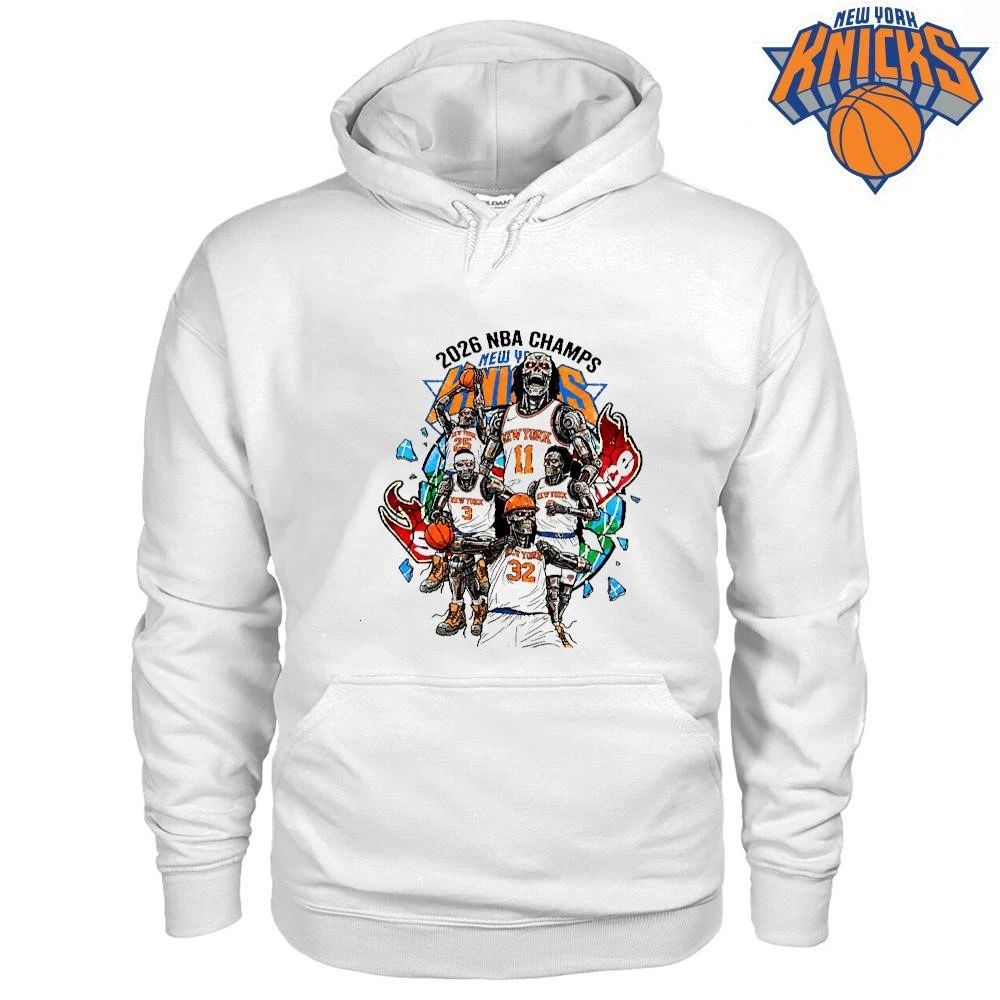 New York Knicks Champions NBA 2026 Cyborg Robots Terminator Metallic White Shirt