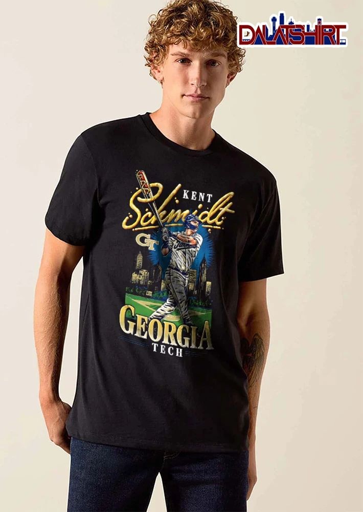 Georgia Tech Yellow Jackets NCAA Kent Schmidt Batter Swinging Hot Dog Bat Atlanta Skyline Field shirt