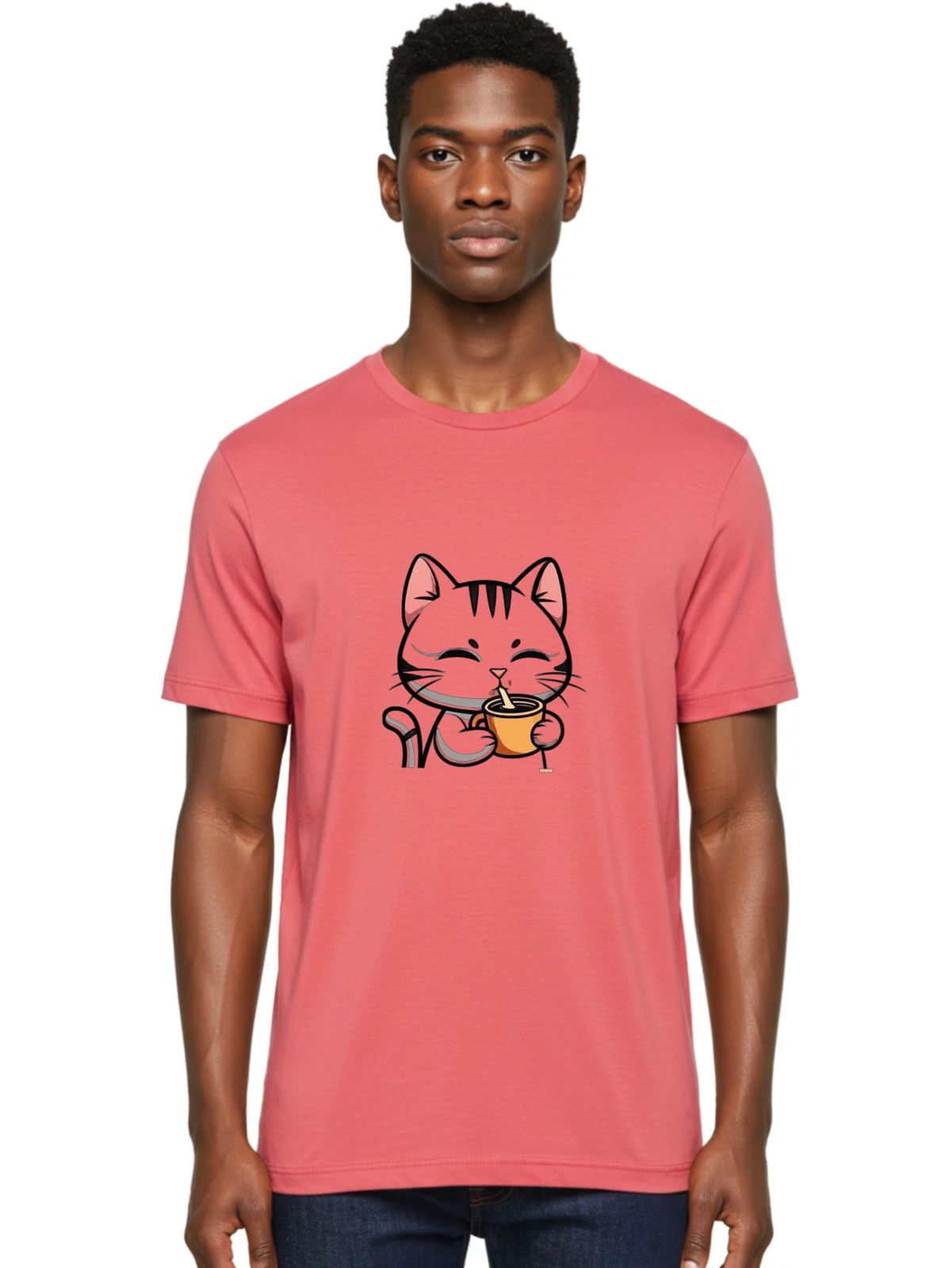 Cat-Drinking-Coffee-1 Mens Graphic Tee, 100% Cotton, Casual Summer Wear