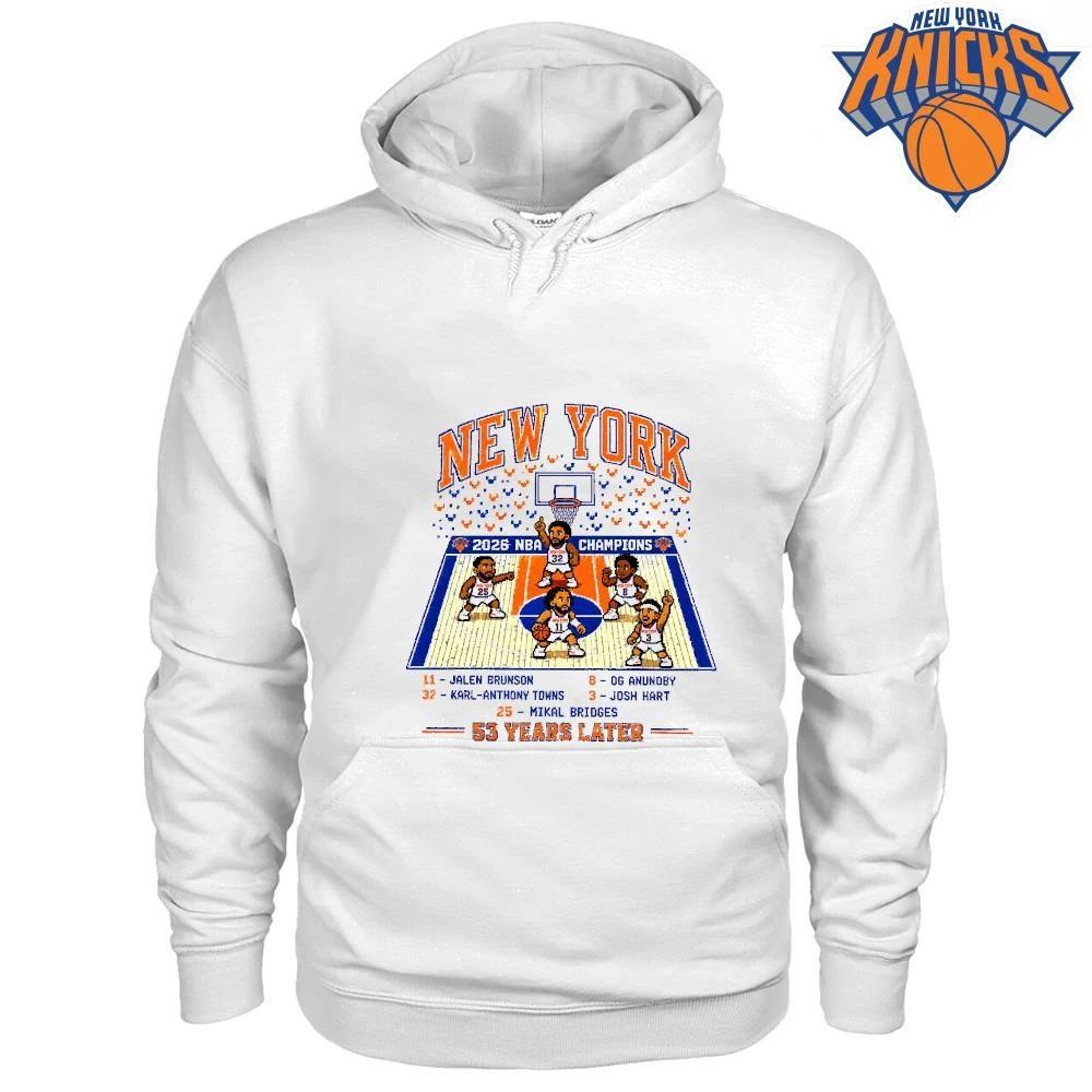 New York Knicks Champions NBA 2026 8 Bit Pixel Art Roster White Shirt