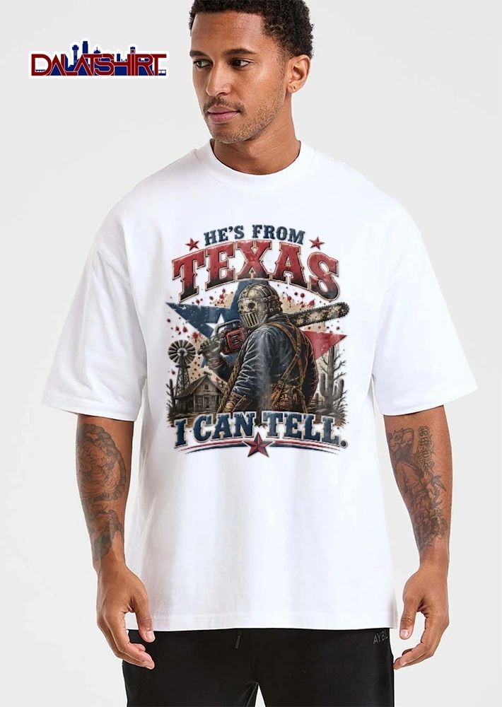 Hes From Texas I Can Tell Masked Killer Chainsaw Lone Star Cabin Cactus Splatter shirt