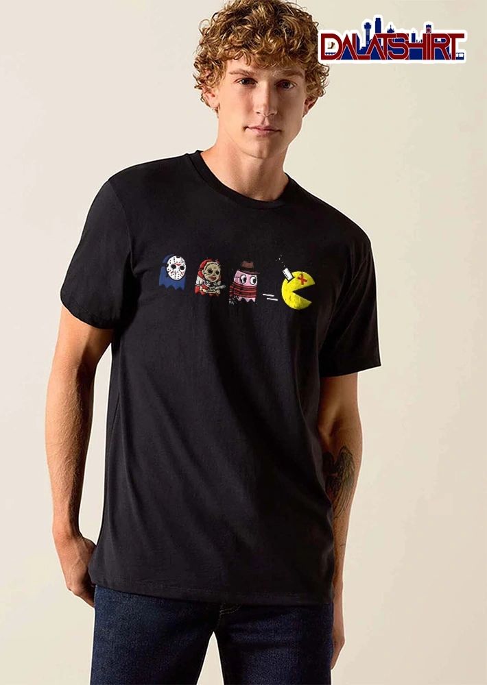 Horror Movie Ghost Villains Chasing Stabbed Pac Man Cartoon shirt