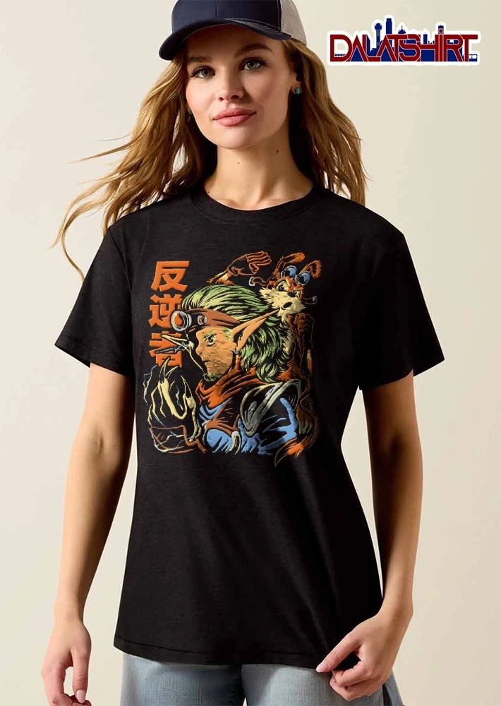 Hangyakusha Japanese Kanji Green Haired Elf With Creature On Shoulder shirt