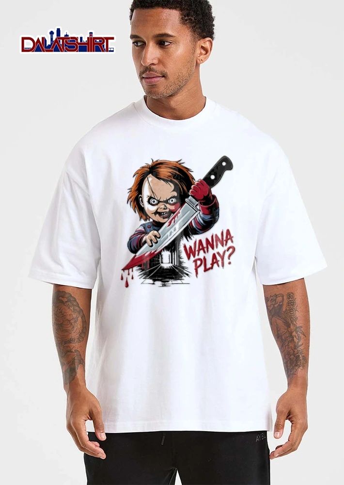 Wanna Play Scary Evil Doll Holding Bloody Knife Alleyway shirt