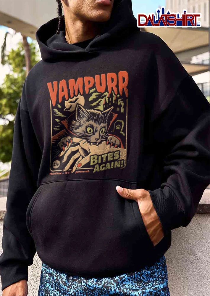 Vampurr Bites Again 25c This Time Its Purrsonal Vintage Cartoon Vampire Cat Biting Hand shirt