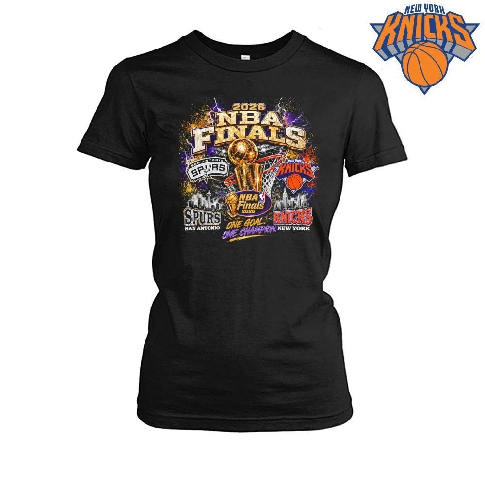 San Antonio Spurs vs New York Knicks 2026 NBA Finals Larry O’Brien Trophy Bootleg Black Graphic T Shirt