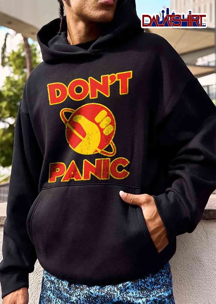 Dont Panic Yellow Hitchhiking Thumb Ringed Planet Distressed Retro Space Logo shirt