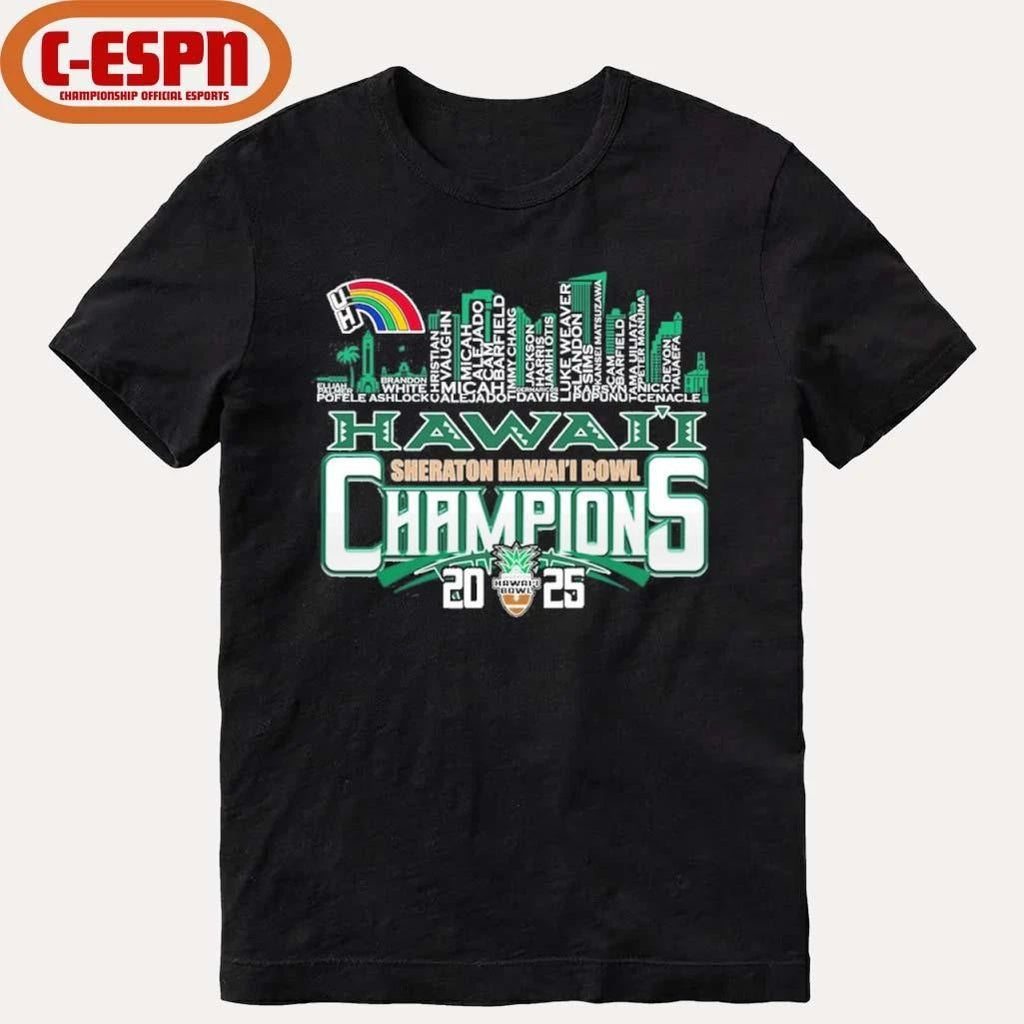 Hawaii Rainbow Warriors Skyline Players Name 2025 Hawaii Bowl Champions Shirt