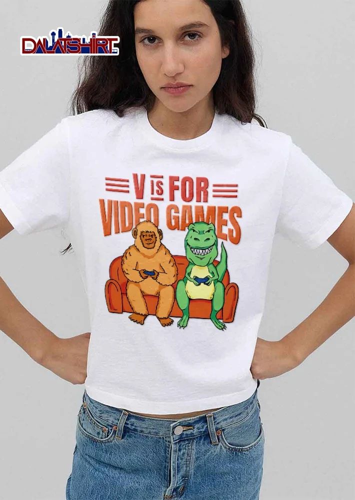V Is For Video Games Sasquatch Dinosaur Couch Controllers Cartoon shirt