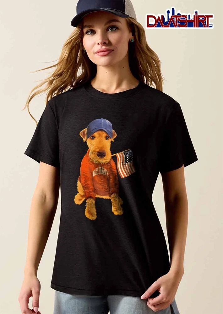 Old Navy Terrier Dog Wearing Baseball Cap Sweatshirt Holding American Flag shirt